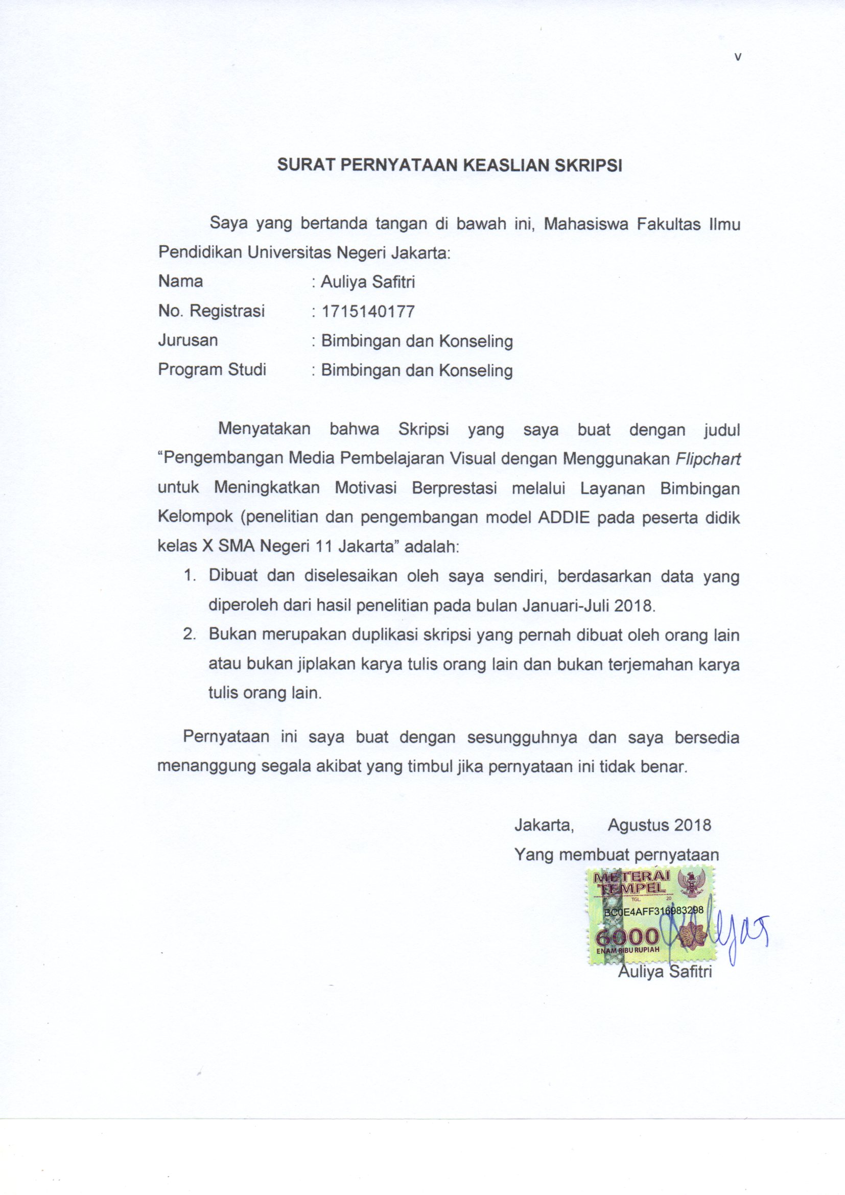 Contoh Surat Pernyataan Keaslian Skripsi Pernyataan Keaslian Tulisan